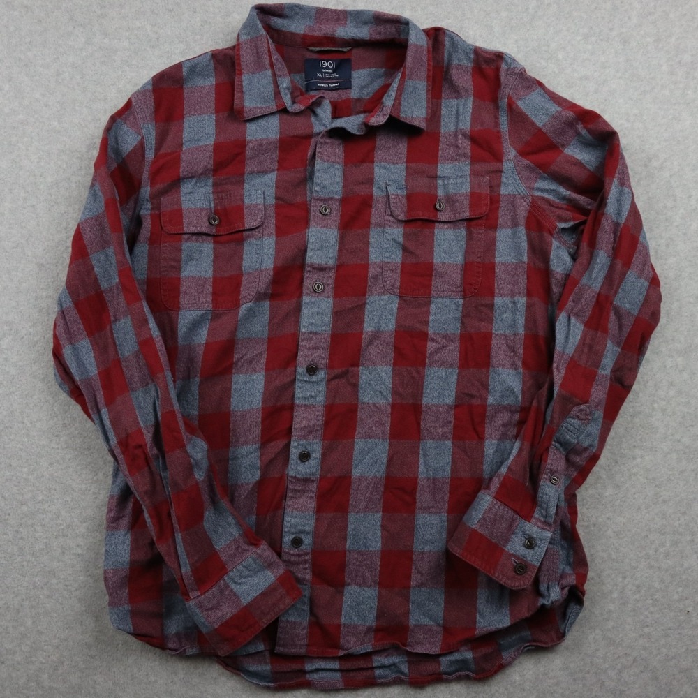 1901 Flannel Shirt Mens XL Trim Fit Stretch Flap Pocket Button Plaid Long Sleeve